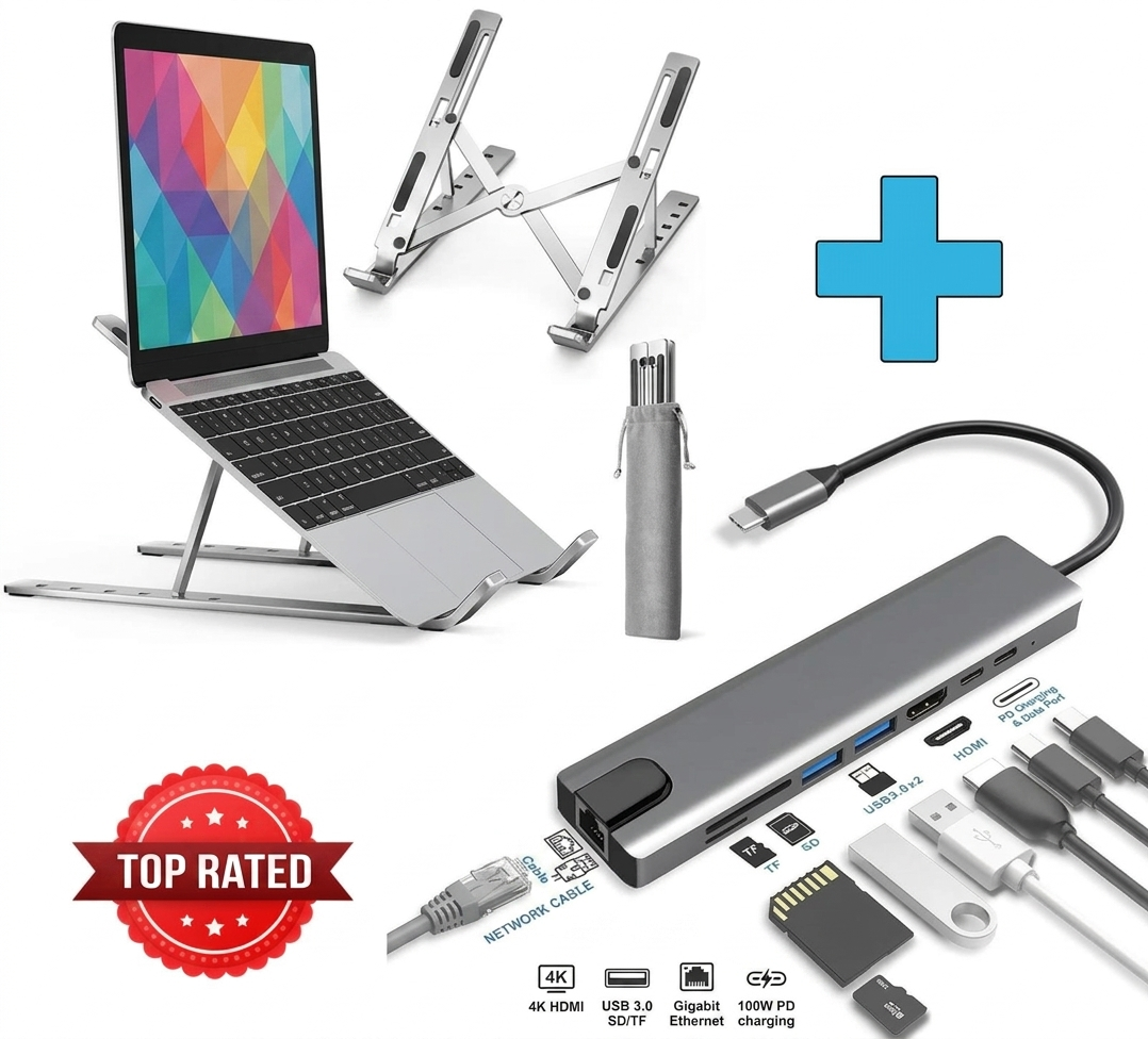 Exclusive Deal | Aluminum Laptop Stand + USB Type-C Hub + FREE Pouch